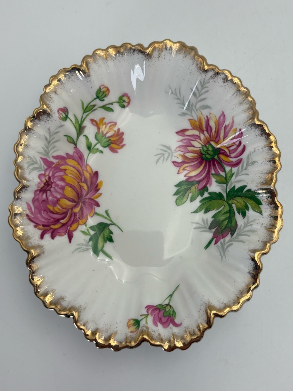 Vintage Fine Bone China Trinket Dish with Chrysanthemums and Gold Trim - England